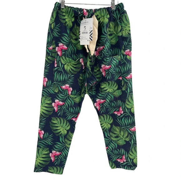 Free People Sandrine Rose Bush Pants Navy Blue Palm Trees Tie Waist Cropped Sz M - Picture 3 of 15